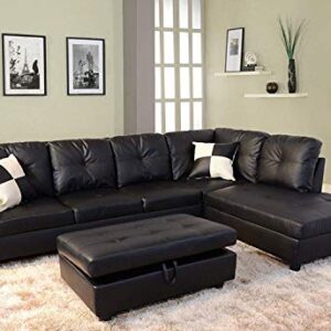 FlashBuy Sofa Sectional Sofa, L-Shape Faux Leather Sectional Sofa Couch Set with Chaise, Ottoman, 2 Toss Pillow Using for Living Room Furniture.（Black）