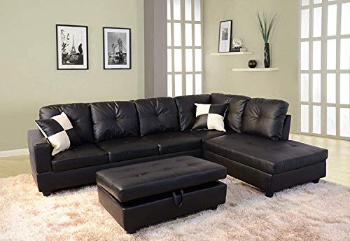 FlashBuy Sofa Sectional Sofa, L-Shape Faux Leather Sectional Sofa Couch Set with Chaise, Ottoman, 2 Toss Pillow Using for Living Room Furniture.（Black）