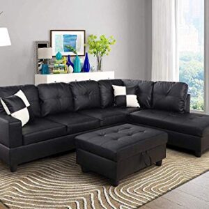 FlashBuy Sofa Sectional Sofa, L-Shape Faux Leather Sectional Sofa Couch Set with Chaise, Ottoman, 2 Toss Pillow Using for Living Room Furniture.（Black）