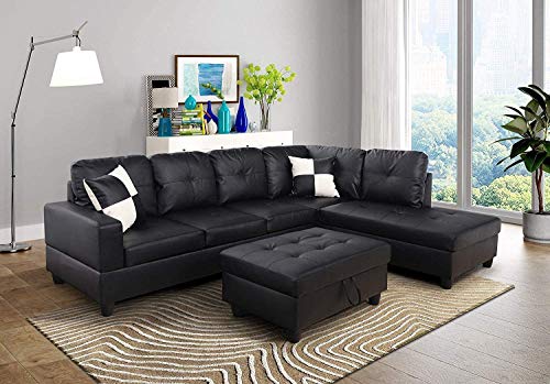 FlashBuy Sofa Sectional Sofa, L-Shape Faux Leather Sectional Sofa Couch Set with Chaise, Ottoman, 2 Toss Pillow Using for Living Room Furniture.（Black）