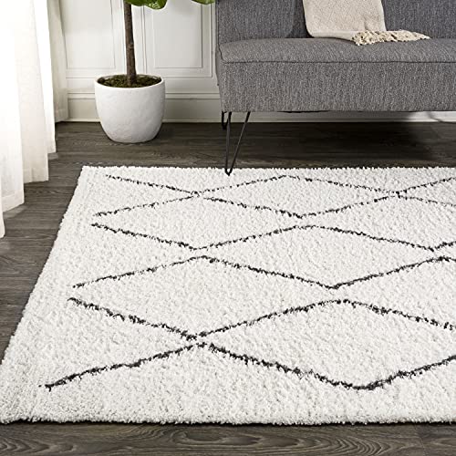 JONATHAN Y MOH405A-5 Catala Moroccan Diamond Shag Indoor Area-Rug Bohemian Geometric Modern Glam Easy-Cleaning Bedroom Kitchen Living Room Non Shedding, 5 X 8, White/Black