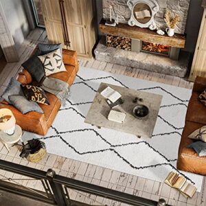 JONATHAN Y MOH405A-5 Catala Moroccan Diamond Shag Indoor Area-Rug Bohemian Geometric Modern Glam Easy-Cleaning Bedroom Kitchen Living Room Non Shedding, 5 X 8, White/Black