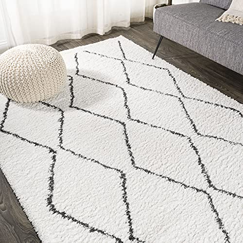 JONATHAN Y MOH405A-5 Catala Moroccan Diamond Shag Indoor Area-Rug Bohemian Geometric Modern Glam Easy-Cleaning Bedroom Kitchen Living Room Non Shedding, 5 X 8, White/Black