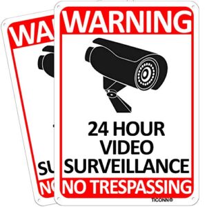 ticonn 2-pack 24 hour video surveillance sign, no trespassing aluminum warning sign, 10’’x7’’ for cctv security camera - reflective, uv protected
