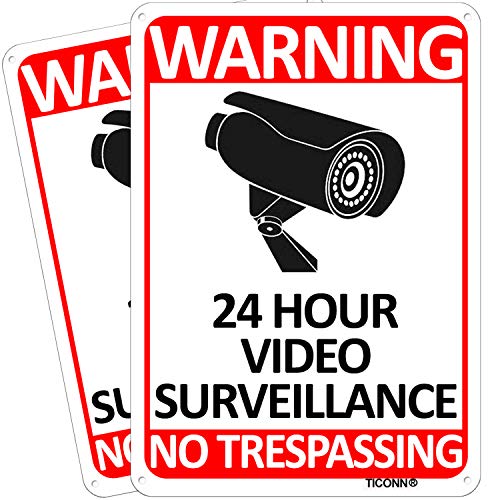 TICONN 2-Pack 24 Hour Video Surveillance Sign, No Trespassing Aluminum Warning Sign, 10’’x7’’ for CCTV Security Camera - Reflective, UV Protected