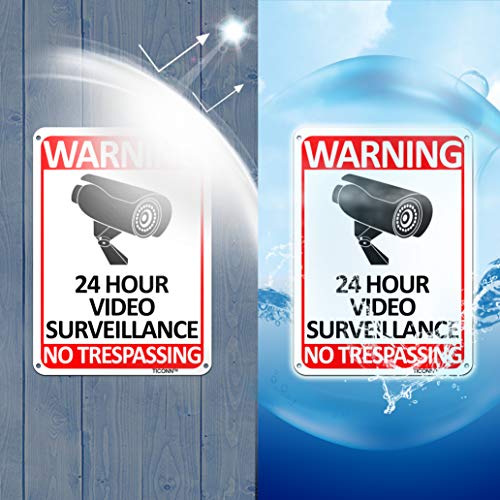 TICONN 2-Pack 24 Hour Video Surveillance Sign, No Trespassing Aluminum Warning Sign, 10’’x7’’ for CCTV Security Camera - Reflective, UV Protected