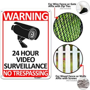 TICONN 2-Pack 24 Hour Video Surveillance Sign, No Trespassing Aluminum Warning Sign, 10’’x7’’ for CCTV Security Camera - Reflective, UV Protected