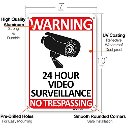 TICONN 2-Pack 24 Hour Video Surveillance Sign, No Trespassing Aluminum Warning Sign, 10’’x7’’ for CCTV Security Camera - Reflective, UV Protected