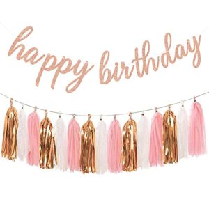aonor rose gold birthday party decorations - glittery rose gold happy birthday banner and tissue paper tassels garland for birthday decorations