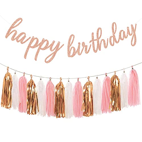 Aonor Rose Gold Birthday Party Decorations - Glittery Rose Gold Happy Birthday Banner and Tissue Paper Tassels Garland for Birthday Decorations