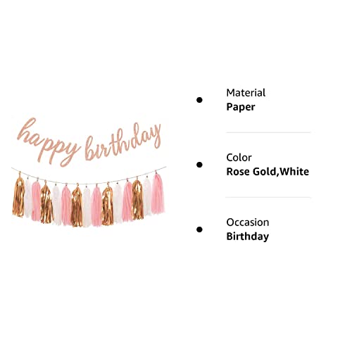 Aonor Rose Gold Birthday Party Decorations - Glittery Rose Gold Happy Birthday Banner and Tissue Paper Tassels Garland for Birthday Decorations