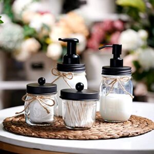 Mason Jar Bathroom Accessories Set(4 Pcs) -Lotion Soap Dispenser &Cotton Swab &Toothbrush Holder Set, Apothecary Jars Vanity Organizer-Rustic Farmhouse Decor (Black)