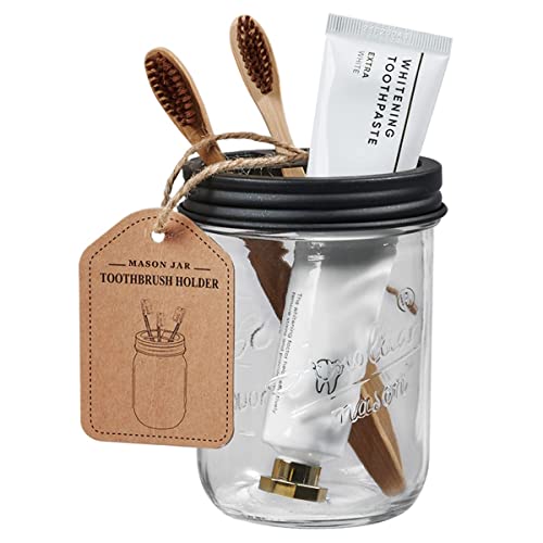 Mason Jar Bathroom Accessories Set(4 Pcs) -Lotion Soap Dispenser &Cotton Swab &Toothbrush Holder Set, Apothecary Jars Vanity Organizer-Rustic Farmhouse Decor (Black)