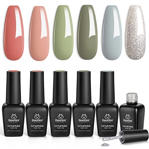 Beetles Gel Polish Kit SOUTHERN BELLE Glitter Nude Polish Set - 6 Pcs Coral Green Light Blue Soak off Nail Lamp Gel Base and Top Coat Needed Varnish Salon Nail Art Design Gifts for Women