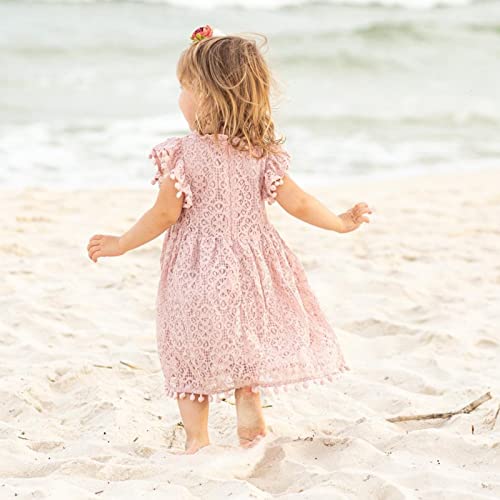 Niyage Toddler Girls Elegant Lace Pom Pom Flutter Sleeve Party Princess Dress Dusty Pink 90