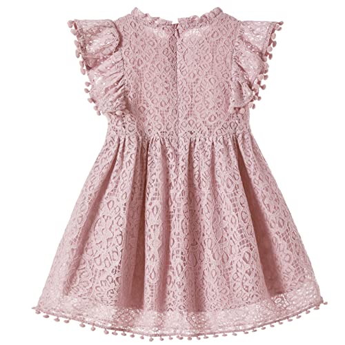 Niyage Toddler Girls Elegant Lace Pom Pom Flutter Sleeve Party Princess Dress Dusty Pink 90