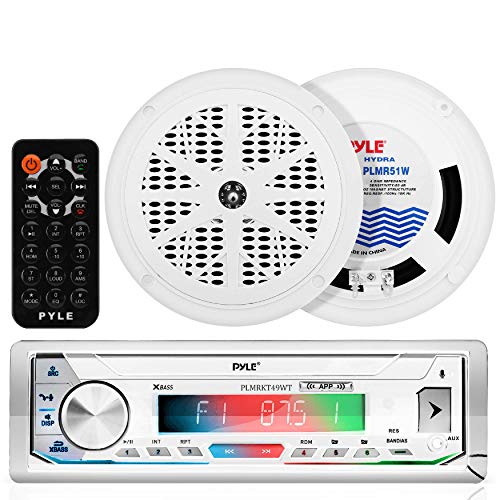 Pyle Bluetooth Marine Receiver Stereo & Speaker Kit - 300W Single DIN Boat Marine Head Unit, Mic, Hands-Free Calling, AUX, MP3/USB/SD, AM/FM Radio, Remote Control - PLMRKT49WT (White)