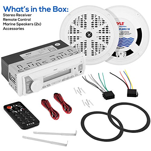 Pyle Bluetooth Marine Receiver Stereo & Speaker Kit - 300W Single DIN Boat Marine Head Unit, Mic, Hands-Free Calling, AUX, MP3/USB/SD, AM/FM Radio, Remote Control - PLMRKT49WT (White)