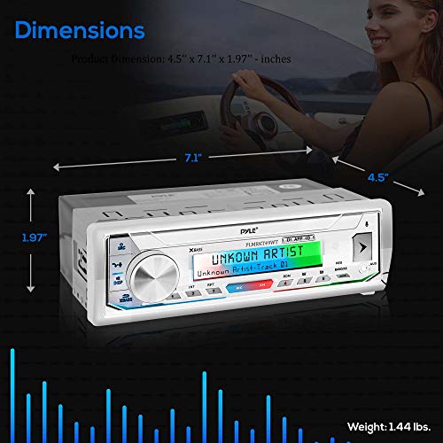 Pyle Bluetooth Marine Receiver Stereo & Speaker Kit - 300W Single DIN Boat Marine Head Unit, Mic, Hands-Free Calling, AUX, MP3/USB/SD, AM/FM Radio, Remote Control - PLMRKT49WT (White)