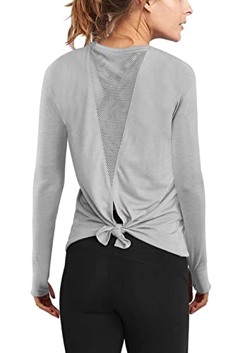 Mippo Long Sleeve Wokout Shirts for Women Yoga Tops Tie Back Tank Tops Thumb Hole Shirts Backless Tops Gym Sweater Workout Clothes Sports Active Exercise Wear for Women 2022 Gray L