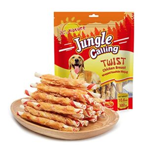 jungle calling dog treats, natural chicken wrapped rawhide sticks, grain-free training rewards chews for small and medium puppy,10.6oz