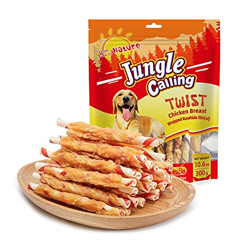 Jungle Calling Dog Treats, Natural Chicken Wrapped Rawhide Sticks, Grain-Free Training Rewards Chews for Small and Medium Puppy,10.6oz