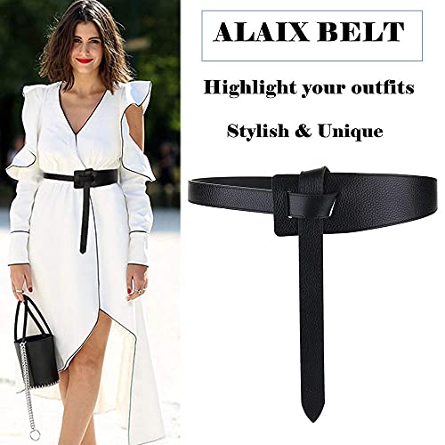 ALAIX Women's Leather Belt Dress Belt for Jeans Jumpsuit Coat Fashion Tie a Knot Genuine Leather Waist Belt Black