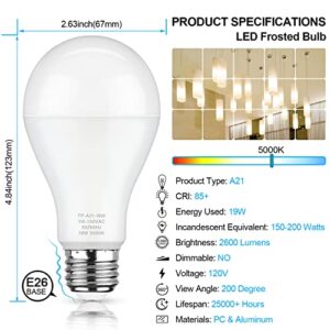 MAXvolador A21 LED Light Bulbs, 150 Watt Equivalent Daylight White 5000K, 2600 Lumens, E26 Base, Non-Dimmable, 19W Bulbs for Bedroom Living Room Commercial Lighting, Pack of 6