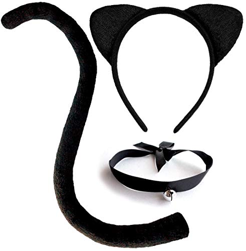 OLYPHAN Cat Costume Accessories Cat Ears and Tail Set Black Animal Halloween Accessory Kit for Women/Adults Cat Cosplay Pack w. Bell Choker Necklace 3 PCS