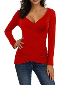 allegrace women sexy open v front wrap pleated slim top tee cross hem long sleeve ruched t shirt orange red l
