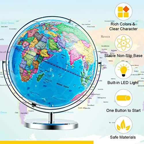 Goplus Desktop World Globe, Educational Geographic World Globe with LED Lights for Students Adults, 720° Rotation Decorative Globe, Easy to Read Labels Over 4000 Locations for Classroom, Office