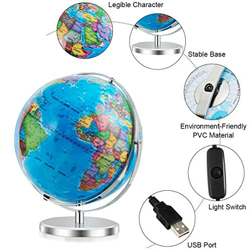 Goplus Desktop World Globe, Educational Geographic World Globe with LED Lights for Students Adults, 720° Rotation Decorative Globe, Easy to Read Labels Over 4000 Locations for Classroom, Office