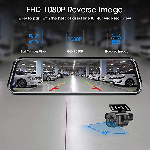 Upgraded 10'' Rear View Mirror Camera Mirror Dash Cam Front and Rear 1080P Backup Camera FHD Full Touch Screen w Loop Recording, G-Sensor, Parking Monitor 170° Wide Angle