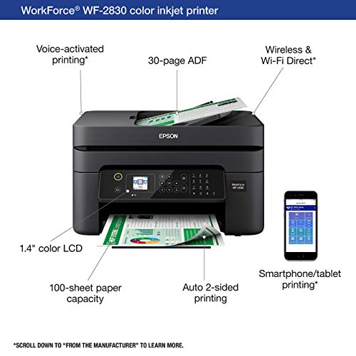 Epson Workforce WF-2830 All-in-One Wireless Color Printer with Scanner, Copier and Fax (Renewed)