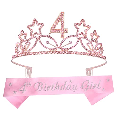 MEANT2TOBE 4th Birthday Sash and Tiara for Girls - Fabulous Glitter Sash + Stars Rhinestone Pink Premium Metal Tiara for Girls, 4th Birthday Gifts for Princess Party