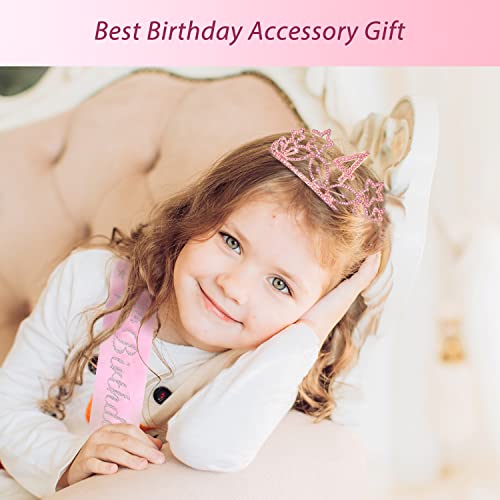 MEANT2TOBE 4th Birthday Sash and Tiara for Girls - Fabulous Glitter Sash + Stars Rhinestone Pink Premium Metal Tiara for Girls, 4th Birthday Gifts for Princess Party