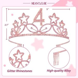 MEANT2TOBE 4th Birthday Sash and Tiara for Girls - Fabulous Glitter Sash + Stars Rhinestone Pink Premium Metal Tiara for Girls, 4th Birthday Gifts for Princess Party