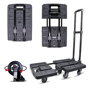 folding hand truck portable trolley compact utility luggage platform cart with 245kg/540lbs heavy duty 7 removable swivel wheels telescoping handle for moving travel shopping office outdoor use (by03)