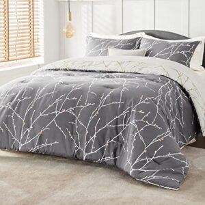 bedsure queen comforter sets - bed in a bag queen 7 pieces, grey flroal reversible bed set tree branch pattern printed with comforters queen size, sheets, pillowcases & shams