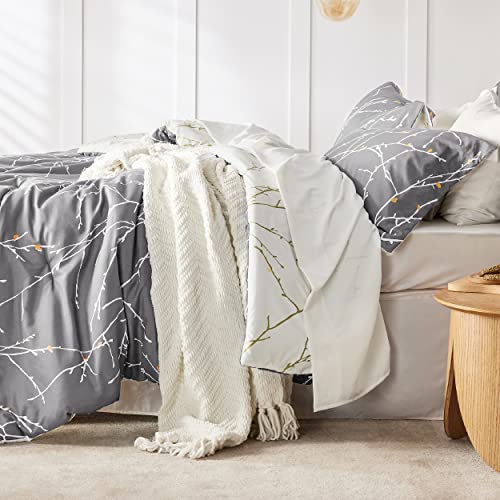 Bedsure Queen Comforter Sets - Bed in a Bag Queen 7 Pieces, Grey Flroal Reversible Bed Set Tree Branch Pattern Printed with Comforters Queen Size, Sheets, Pillowcases & Shams