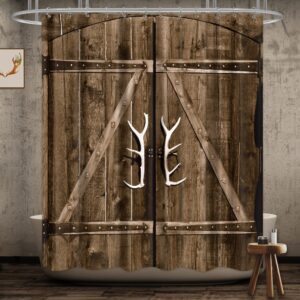 riyidecor wooden garage barn door shower curtain with vintage wood plank rustic farmhouse country gate decor fabric bathroom set polyester waterproof 60x72 inch plastic hooks 12 pack ww-ymdv