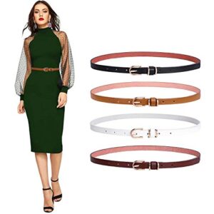 sansths set of 4 womens thin belts skinny leather belt with gold alloy buckle (black brown coffee white, s) ?-