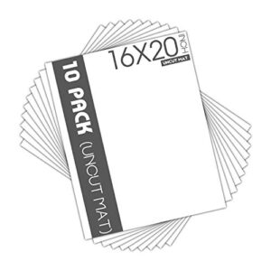 mat board center, pack of 10, 16x20 uncut white color mats mat boards - acid free, 4-ply thickness, white core - great for pictures, photos, framing backing