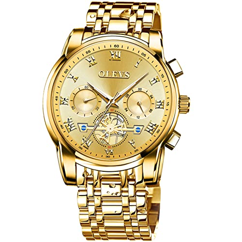 OLEVS Gold Watches for Men Men's Wrist Watches Gold Watch Men Luxury Dress 14K Gold Plated Stainless Steel Watch for Men Waterproof Quartz Gold Watch Classic Mens Watches Gift,relojes para Hombres