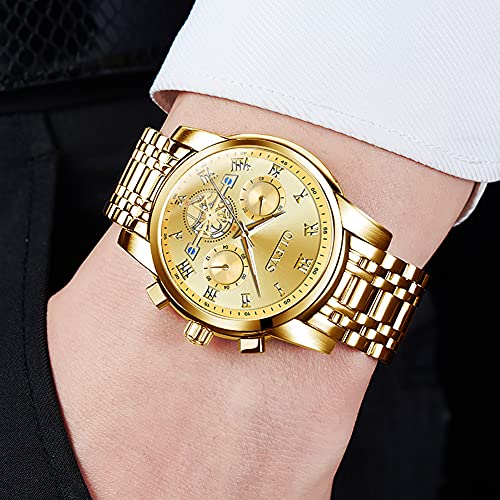 OLEVS Gold Watches for Men Men's Wrist Watches Gold Watch Men Luxury Dress 14K Gold Plated Stainless Steel Watch for Men Waterproof Quartz Gold Watch Classic Mens Watches Gift,relojes para Hombres