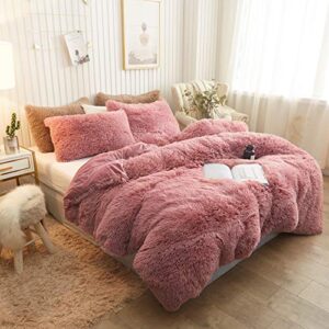 xege plush shaggy duvet cover, luxury ultra soft crystal velvet fuzzy bedding 1pc(1 faux fur duvet cover), fluffy furry comforter cover with zipper closure(queen, old pink)