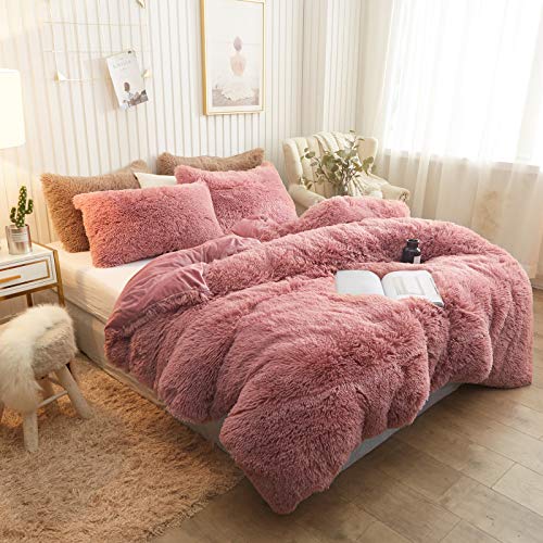 XeGe Plush Shaggy Duvet Cover, Luxury Ultra Soft Crystal Velvet Fuzzy Bedding 1PC(1 Faux Fur Duvet Cover), Fluffy Furry Comforter Cover with Zipper Closure(Queen, Old Pink)