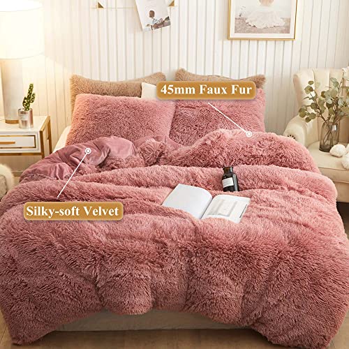 XeGe Plush Shaggy Duvet Cover, Luxury Ultra Soft Crystal Velvet Fuzzy Bedding 1PC(1 Faux Fur Duvet Cover), Fluffy Furry Comforter Cover with Zipper Closure(Queen, Old Pink)