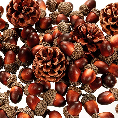 120 Pieces Artificial Acorns and Pine Cones, Lifelike Simulation Small Acorn with Acorn Cap Hanging Ornaments Acorn Decorations for Crafting, Wedding, Autumn, Thanksgiving, Christmas Decor