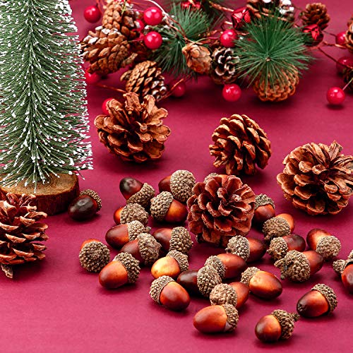 120 Pieces Artificial Acorns and Pine Cones, Lifelike Simulation Small Acorn with Acorn Cap Hanging Ornaments Acorn Decorations for Crafting, Wedding, Autumn, Thanksgiving, Christmas Decor